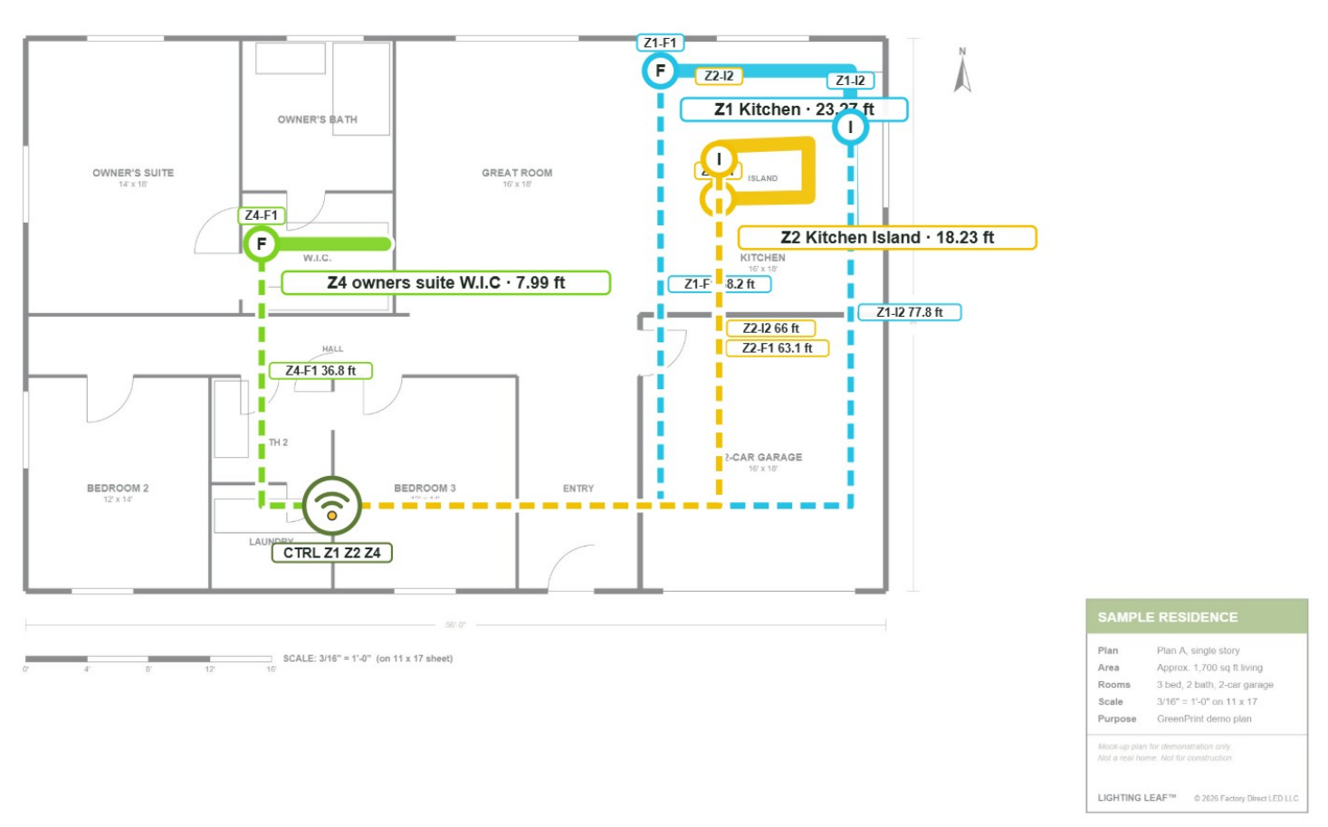 GreenPrint site plan with tape runs, feeds and wire paths traced on a sample floor plan