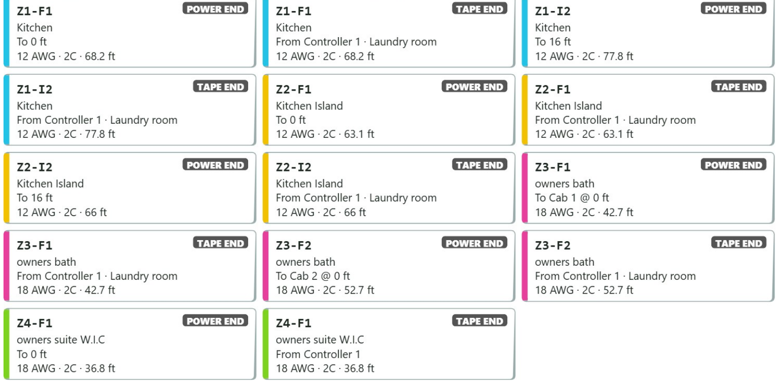 GreenPrint wire labels for each end of every feed wire, color coded by zone